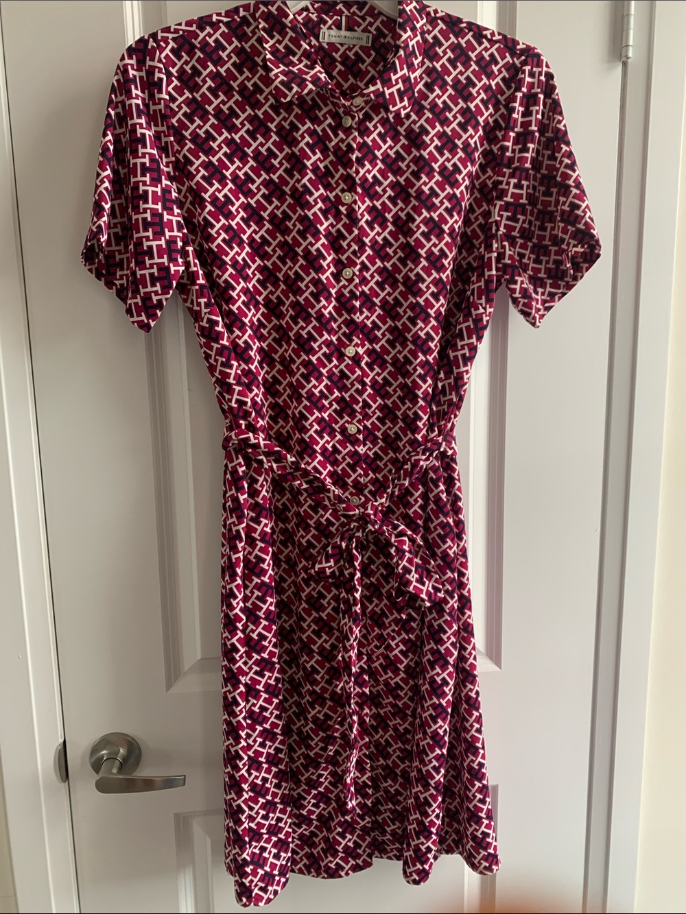 Tommy Hilfiger Monogram Burgundy & White Shirt Button -Front Dress w/Pockets